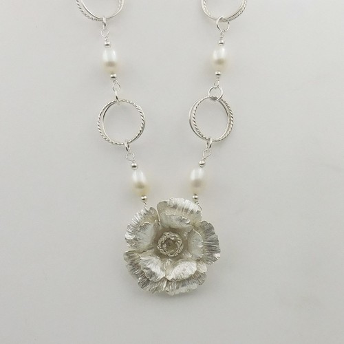 DKC-1164 Pendant, Silver Flower on Pearl Necklace $250 at Hunter Wolff Gallery